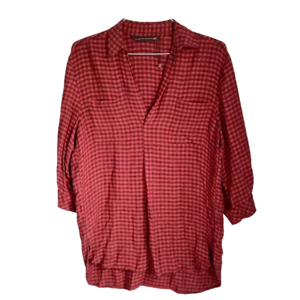 Zara plaid red/blue oversized v-neck flannel tunic top Size XS